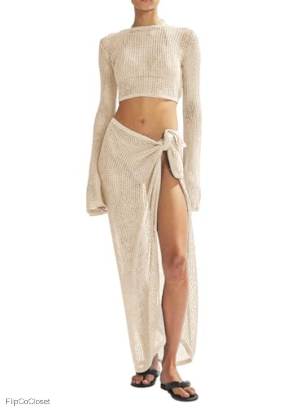 Womens Crochet Swimsuit Cover Up Set Long Sleeve Beach Bikini Bathing Suit